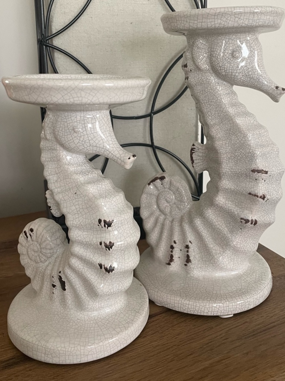 Ceramic Seahorse Candle Holders - White Crackle Glaze